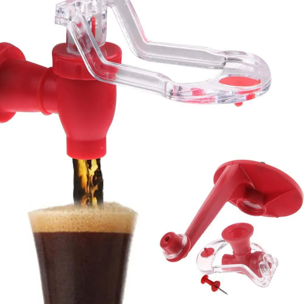 Red plastic Magic Tap soda dispenser attached to 2-litre bottle for push-button pouring