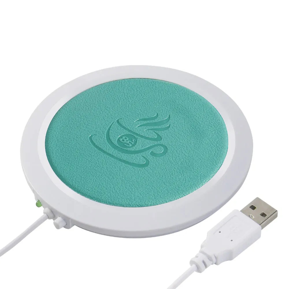 USB heating coaster in black, blue, and orange colours showing USB cable connection