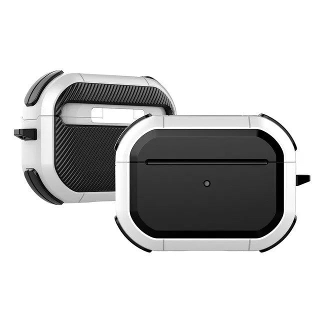 Black TPU and PC protective shell on an AirPods Pro charging case.