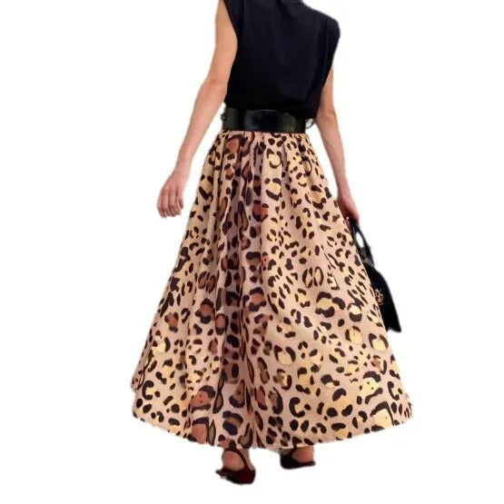 Brown leopard print women's A-line long skirt with big hem