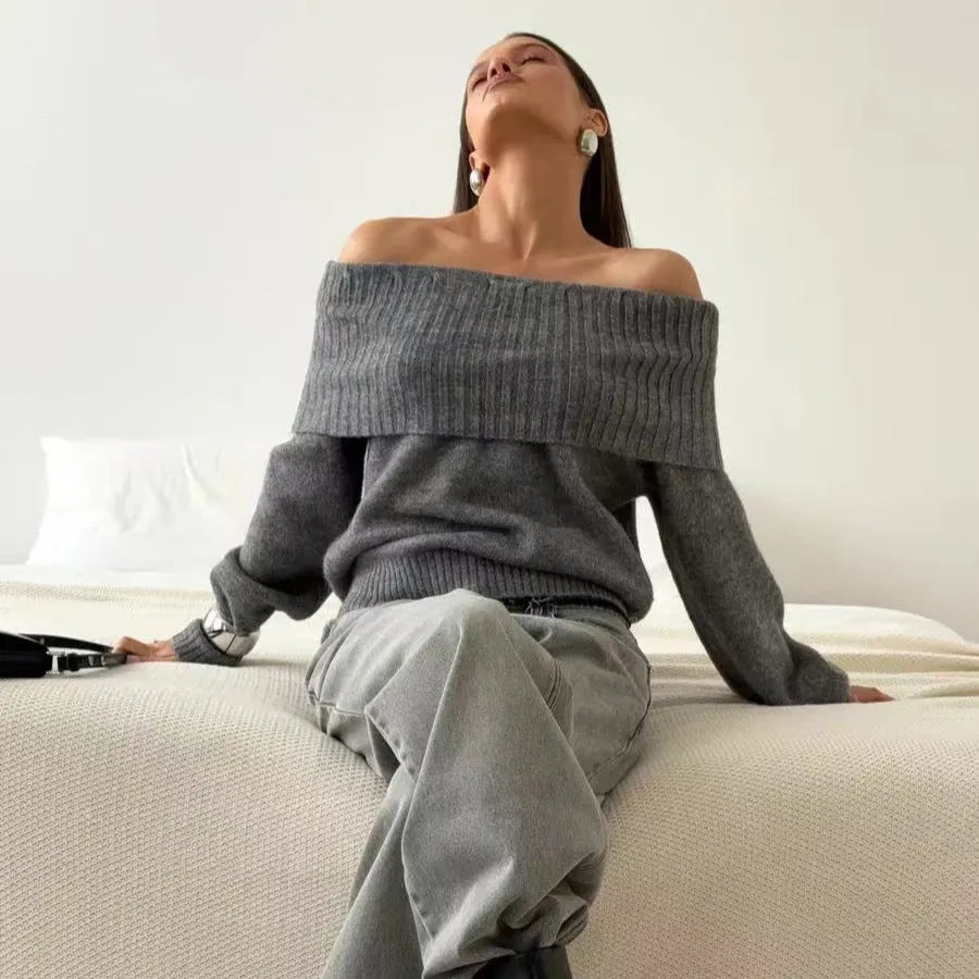 Acrylic off-the-shoulder sweater with 3D pattern effect in grey colour