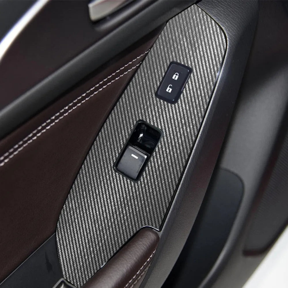 Set of four TPU transparent protective films for car door control panels on a 2014-2019 vehicle.