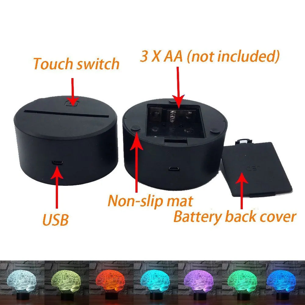 3D brain illusion LED desk lamp with remote control showing colourful lighting effects on acrylic panel