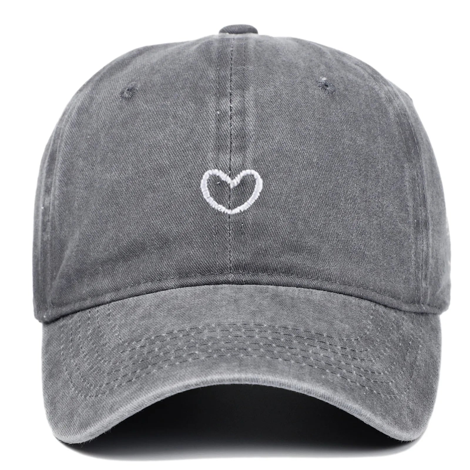 Cotton baseball cap with embroidered red love heart on front, shown in grey.