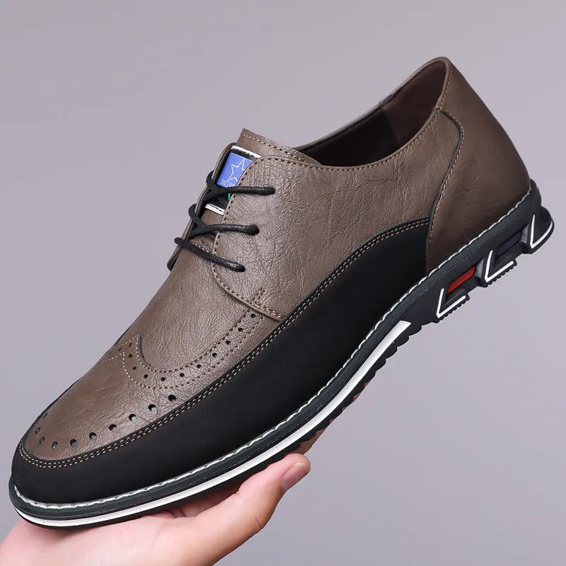 Men's casual low-top leather shoes with a fabric upper, leather toe cap, and rubber sole.
