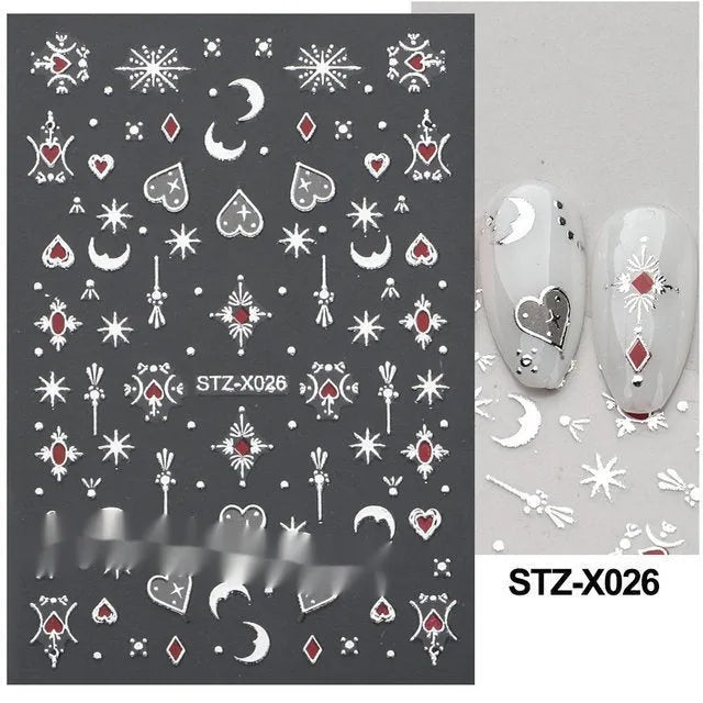 Pack of black and silver strip nail art stickers with cartoon and love pattern designs.