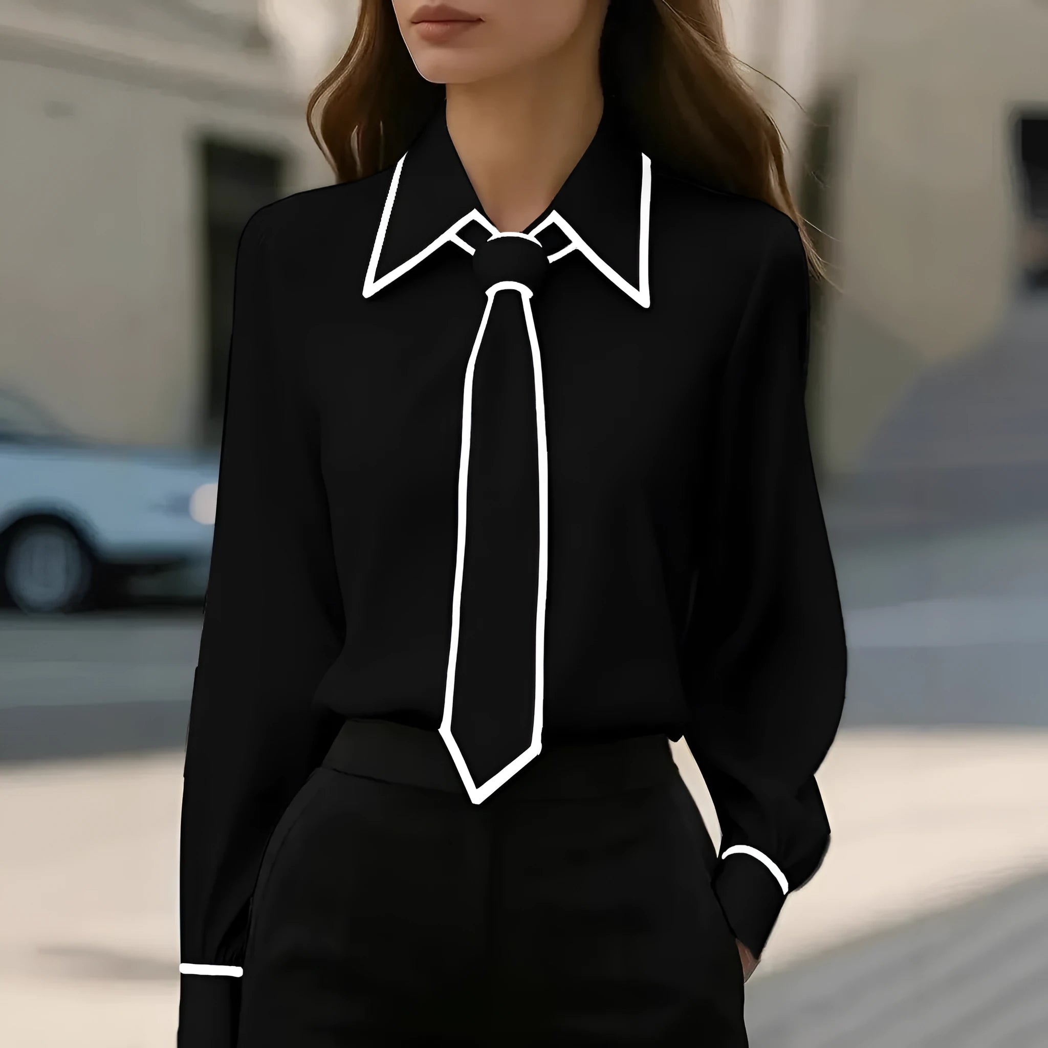 Women's solid colour satin polyester tie front long sleeve pullover shirt in khaki, front view