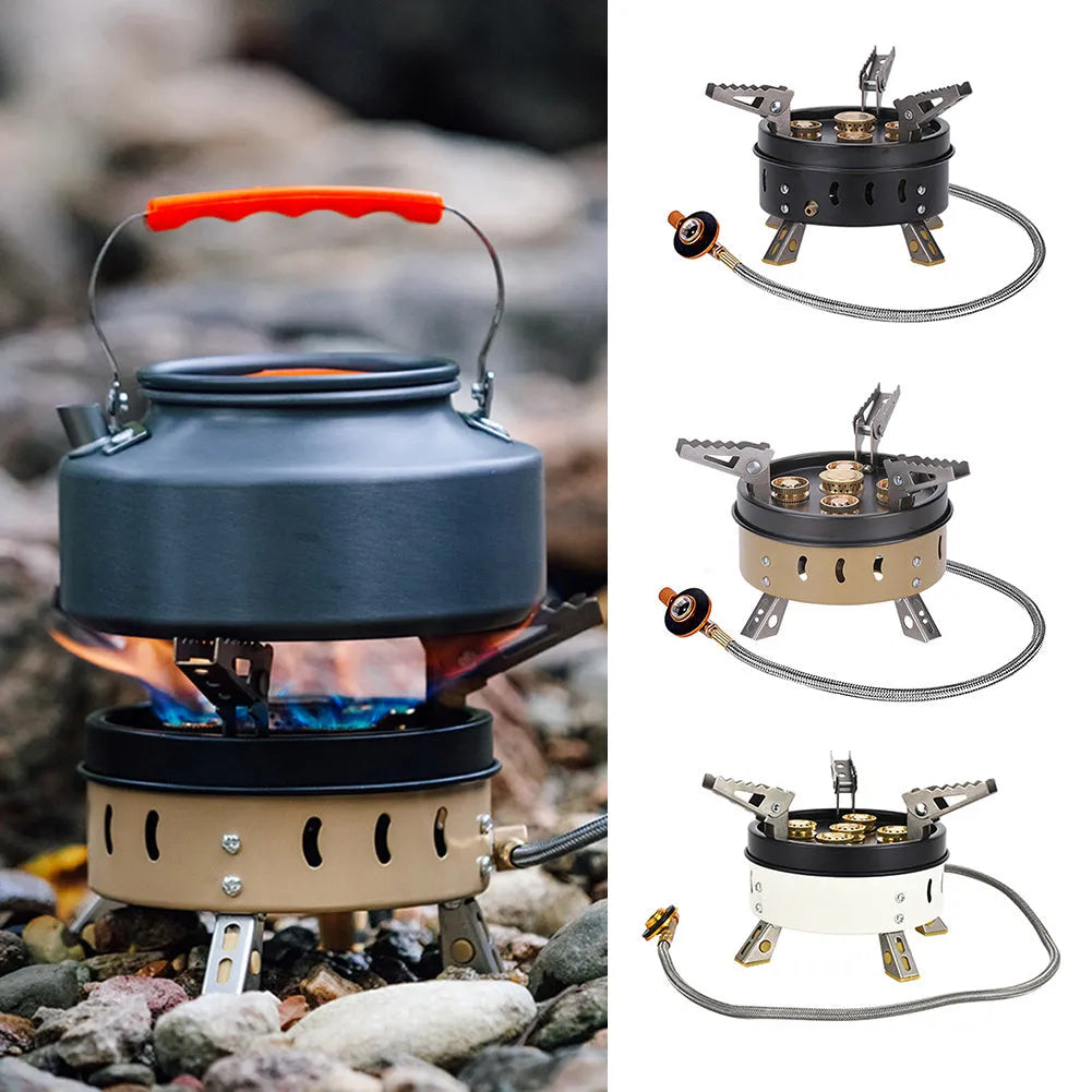 Portable windproof camping gas stove holder set in dark khaki, with cloth bag, for cookouts with 3-5 people.