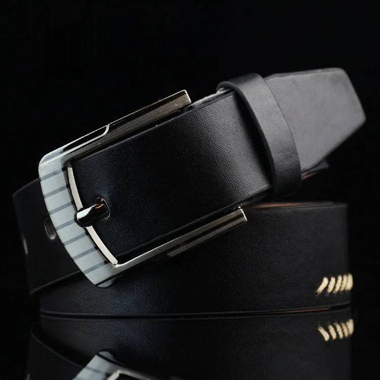 Men's threading casual belt with retro pin buckle in black imitation leather