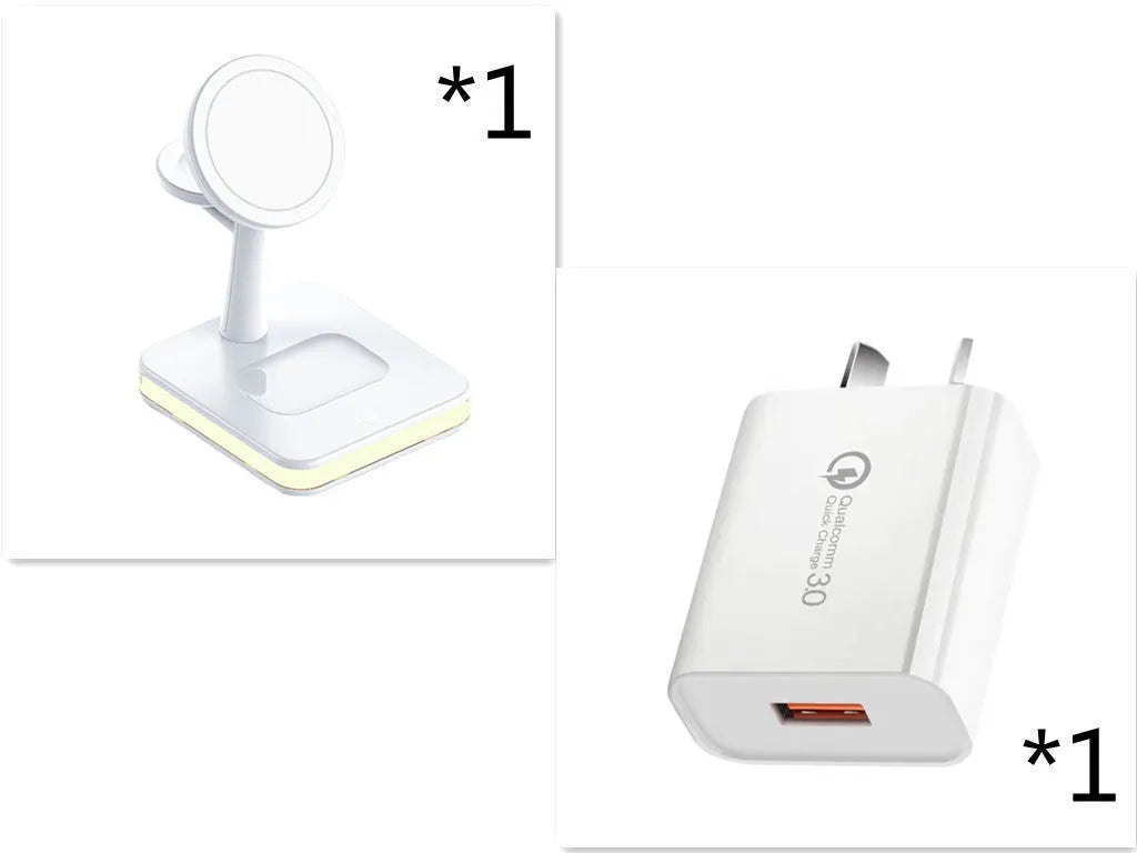 3-in-1 wireless charger magnetic bracket charging smartphone, watch, and earbuds on a desk