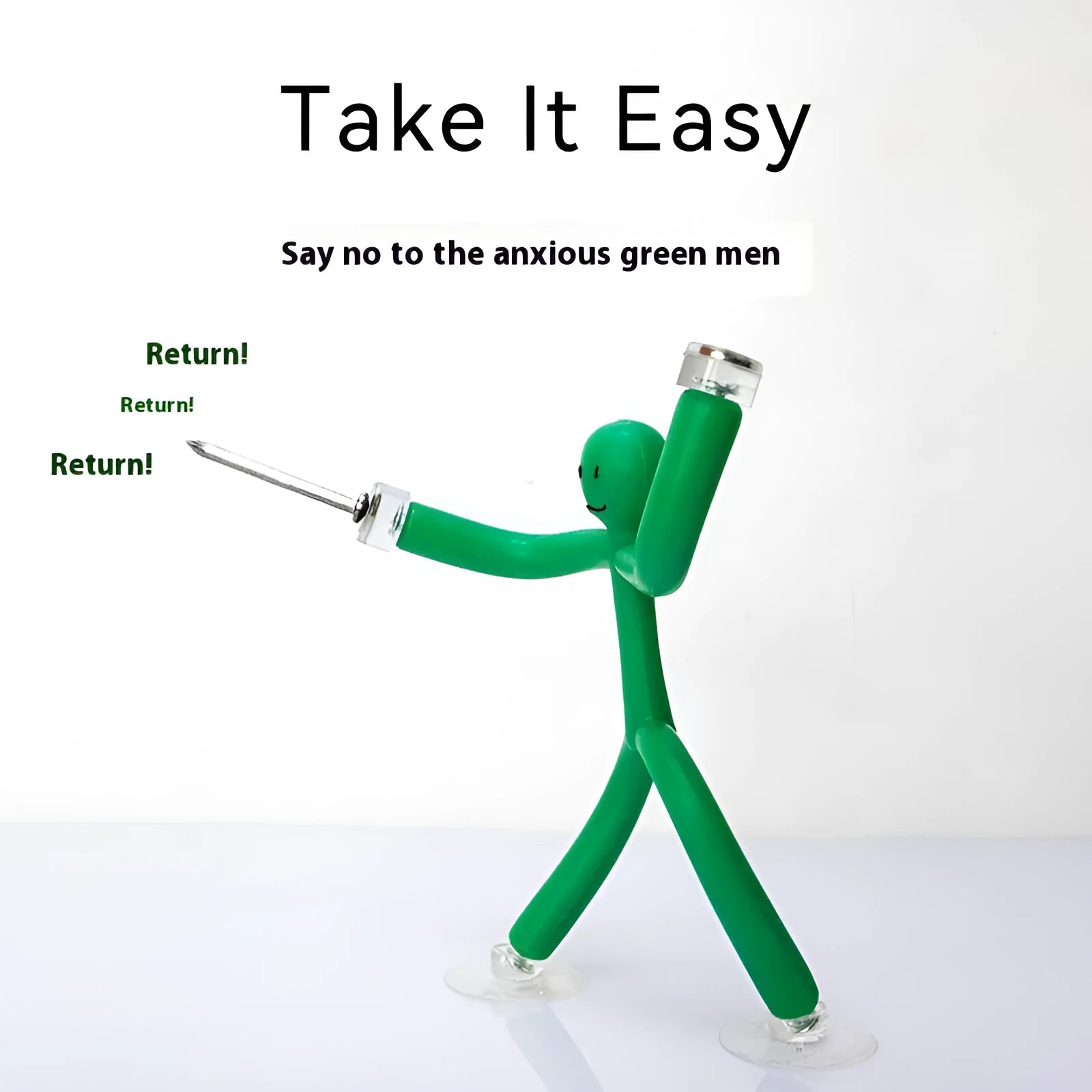 Green plastic decompression toy figure in iron box with reject anxiety text, for desk decoration and stress relief