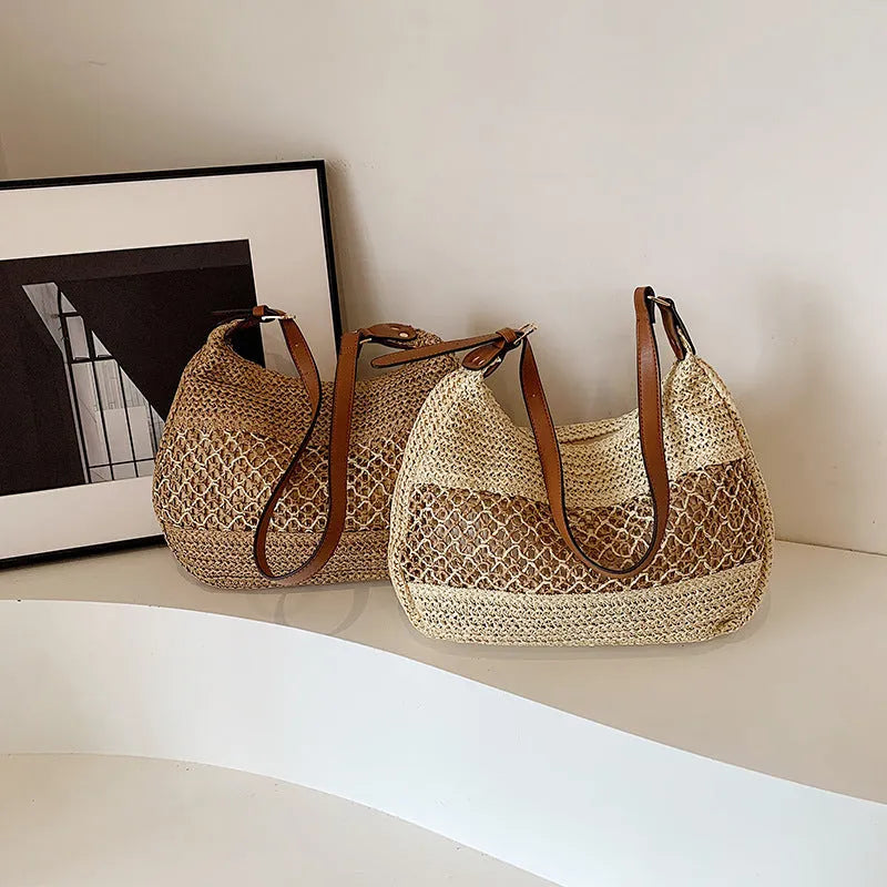 Women's khaki straw cross body bag with sandwich pockets in horizontal square shape