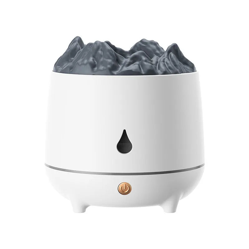 Volcano-shaped white humidifier with USB cable and mist rising from top