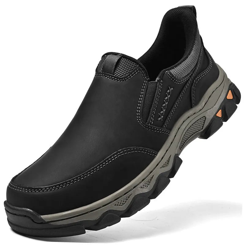 Men's casual leather-style shoes with rubber soles in black, brown and grey colours