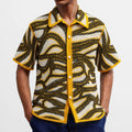 Khaki retro striped hand-crocheting short sleeve cardigan on model, acrylic fabric, regular fit, summer leisure wear