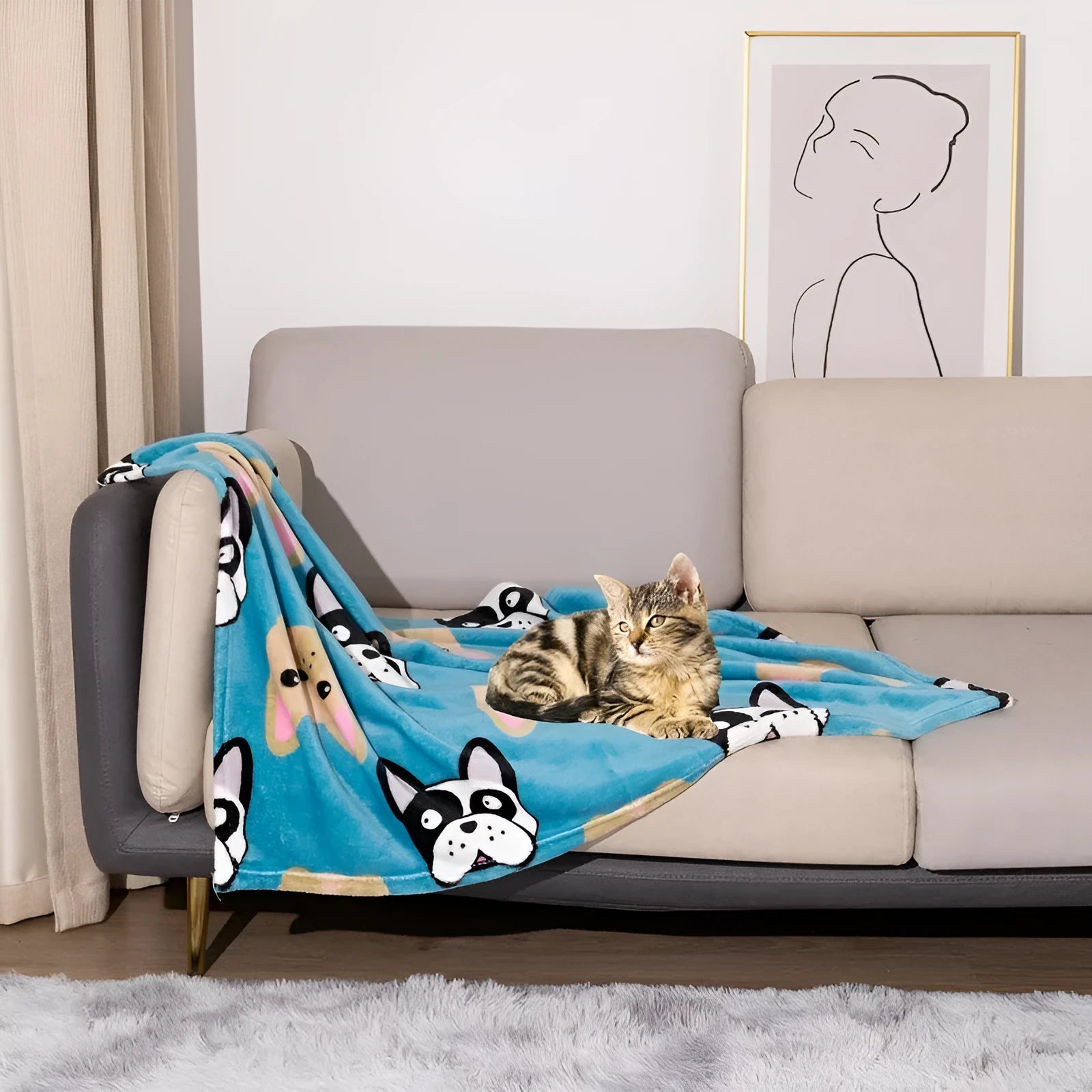 Double-sided thickened polyester dog blanket with cartoon anime pattern in blue dog colour