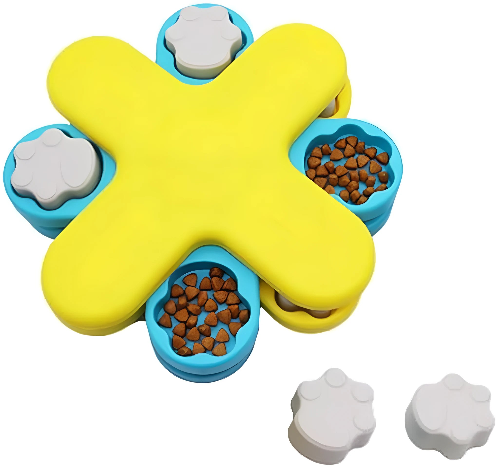 Yellow three-layer rotating dog puzzle feeder toy with anti-slip base for interactive slow feeding