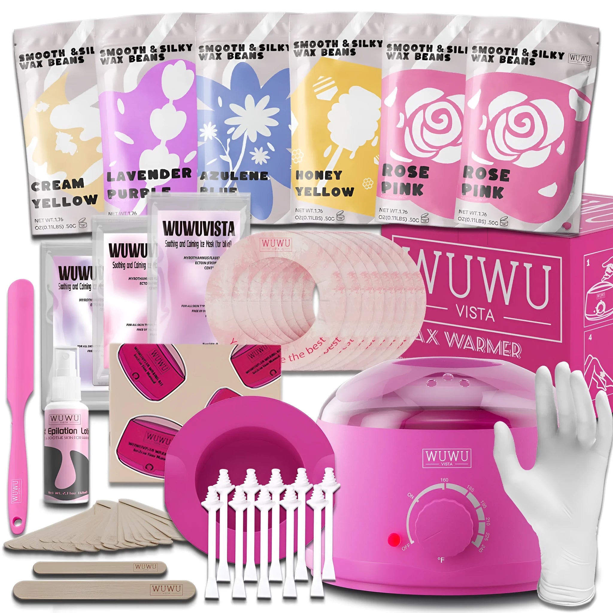 WUWUVISTA hard wax hair removal kit with pink wax warmer, coloured wax beads, applicators, and aftercare products