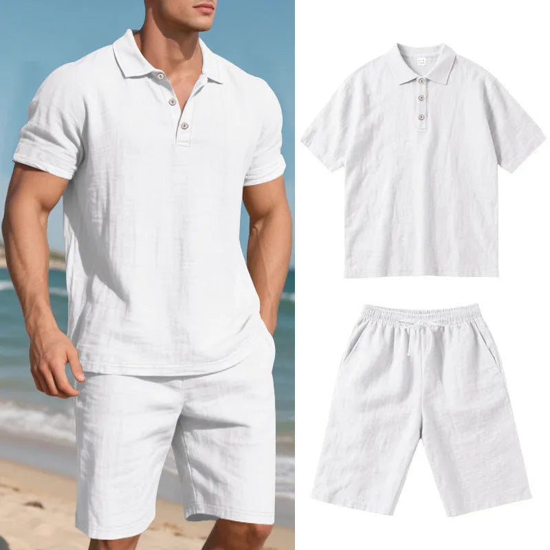 Men's light beige linen blend short sleeve top and shorts set on a hanger, summer casual outfit.
