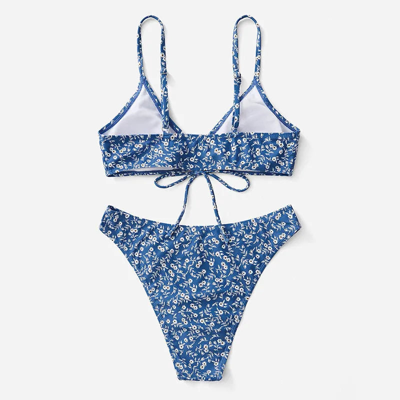 Blue three-piece swimsuit set without steel rings showing separate top and shorts pieces