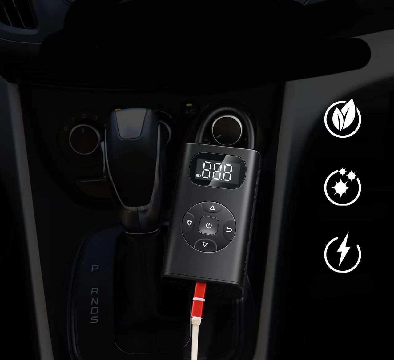 Black M09X portable power bank tyre inflator with 16cm tube next to car and motorcycle tyres