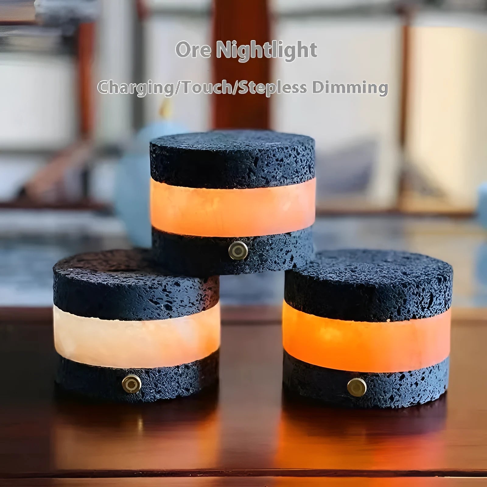 Compact orange volcanic rock USB night lamp with dimmer and essential oil tray.
