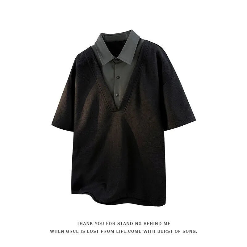 Men's black padded henry collar polo shirt made from spandex fabric, showing short sleeves and pullover style.