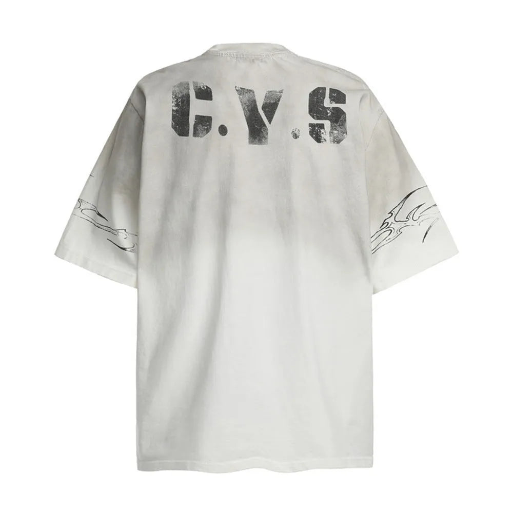 Man wearing a black printed short-sleeved cotton t-shirt showing the front design.