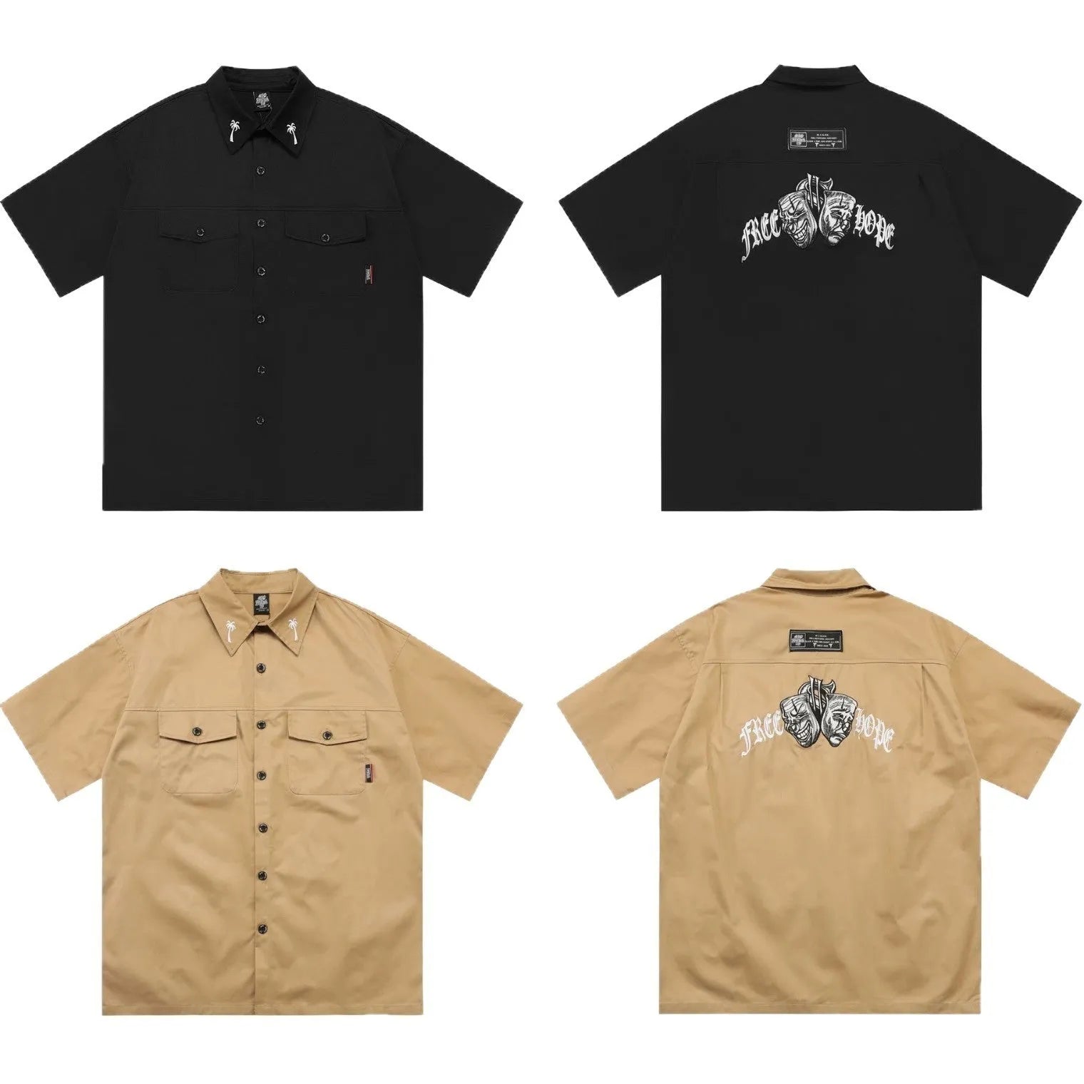 Men's black cotton blend work shirt with half sleeves and embroidered detailing, loose fit design