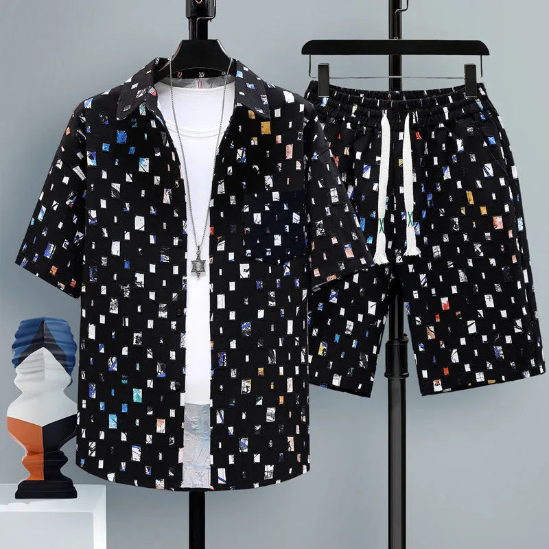 Men's casual sports two-piece set with short sleeve top and matching polyester shorts