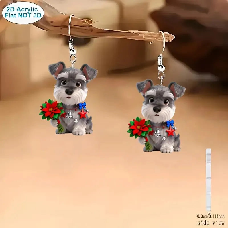Pair of flat cartoon Schnauzer dog earrings made of acrylic in a Christmas style on white background