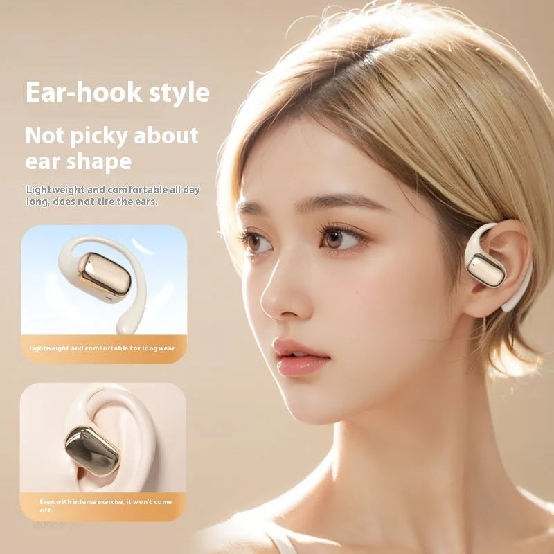 Ear-mounted headphones with digital display screen in skin colour, black, and white options.