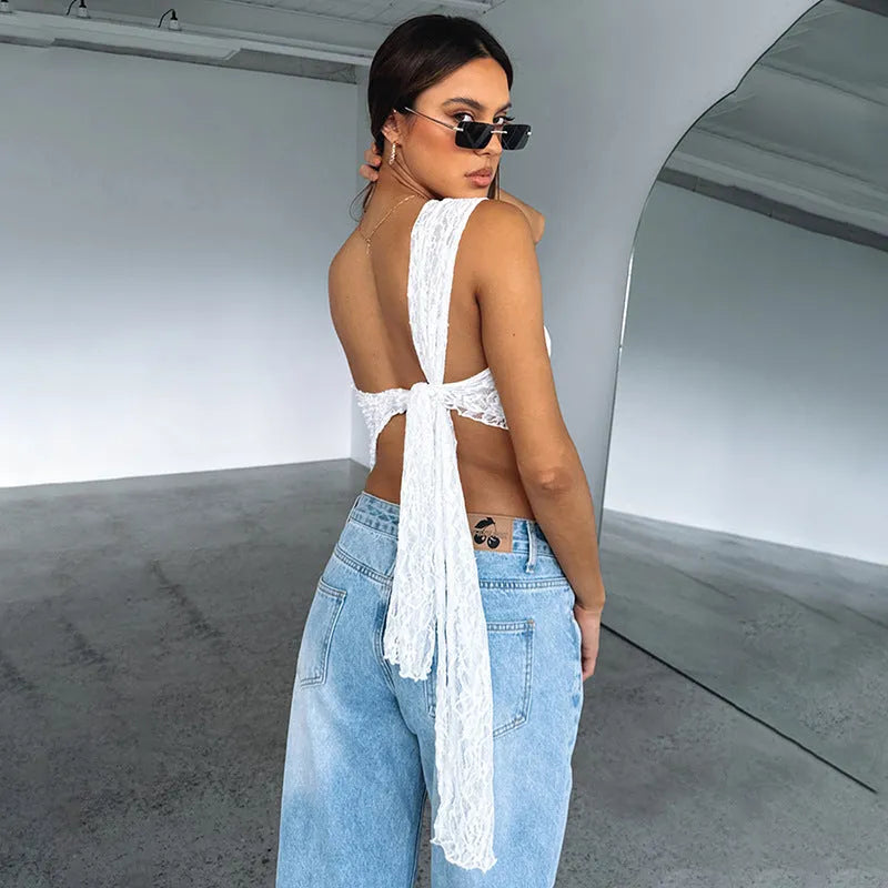 Women's lace backless sleeveless top with asymmetrical neckline in solid colour options