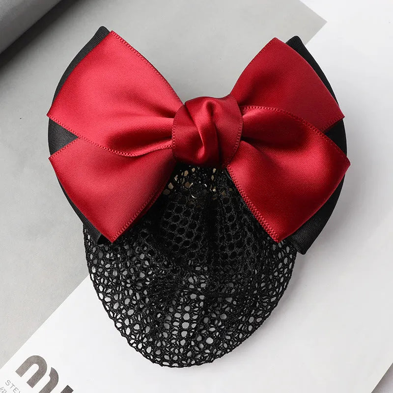 Professional hair clip headdress with flower bow net pocket in multiple colour variations