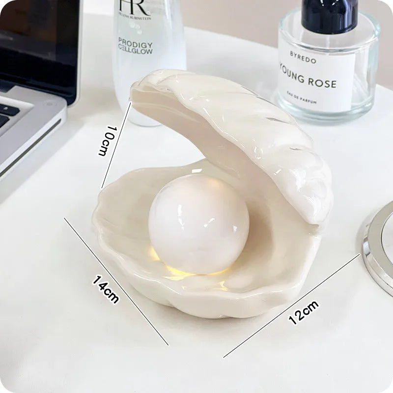 White porcelain decorative tray with integrated small night lamp, pink shell option available.