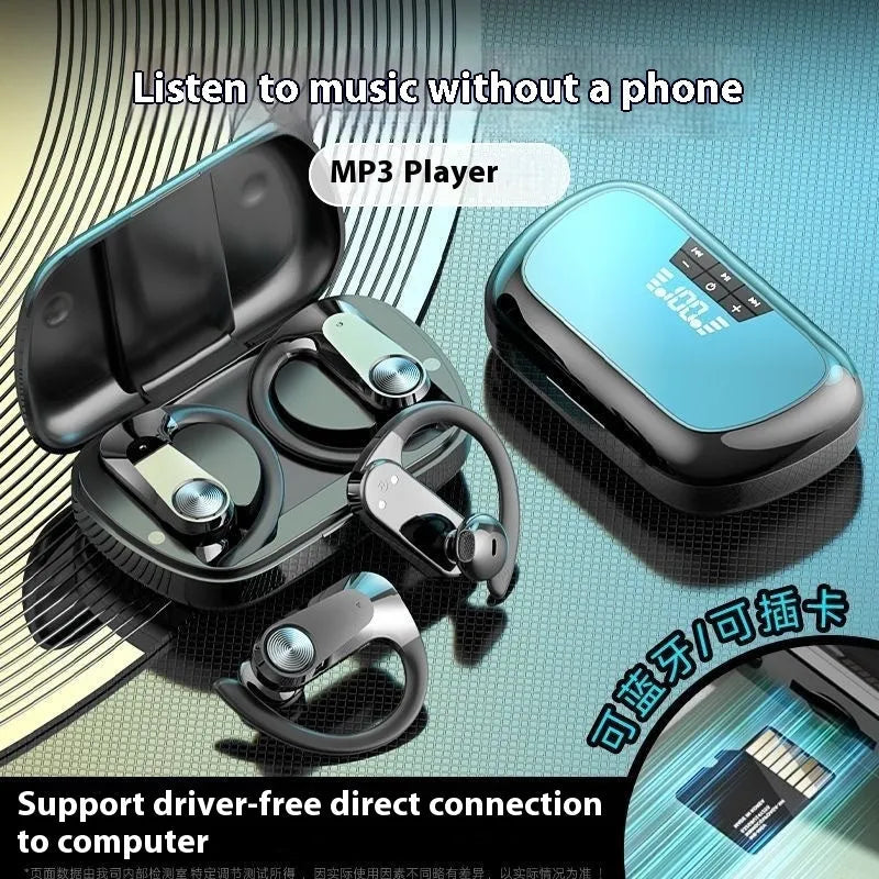Sports running in-ear headset Q2S in black with ear hook design and digital display