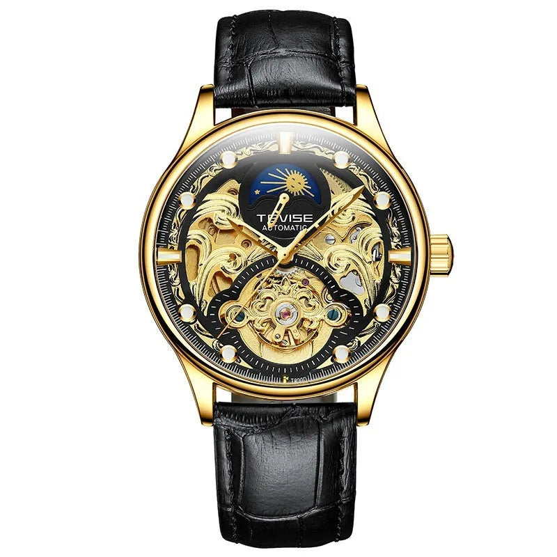 Men's gold and white leather strap automatic waterproof business watch showing 16mm thickness