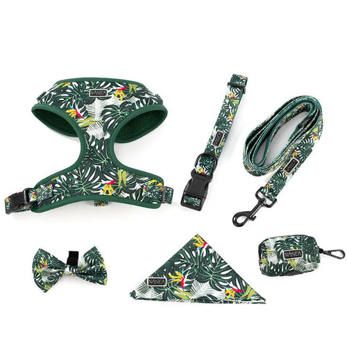Six-piece adjustable cloth dog harness set with leash, collar, poop bag, bow tie, and bib on a white background.