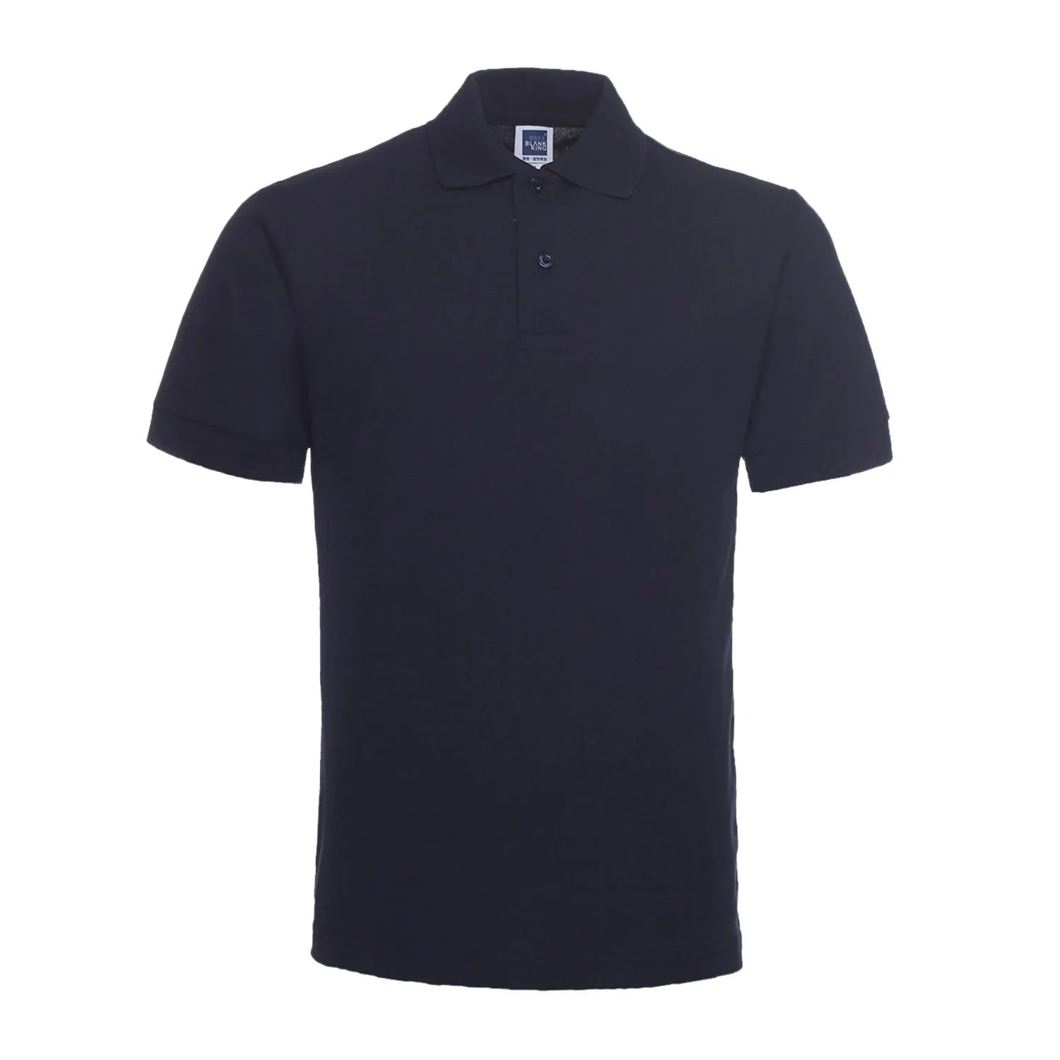 Men's plus size solid colour lapel collar short sleeve polo shirt on a hanger.