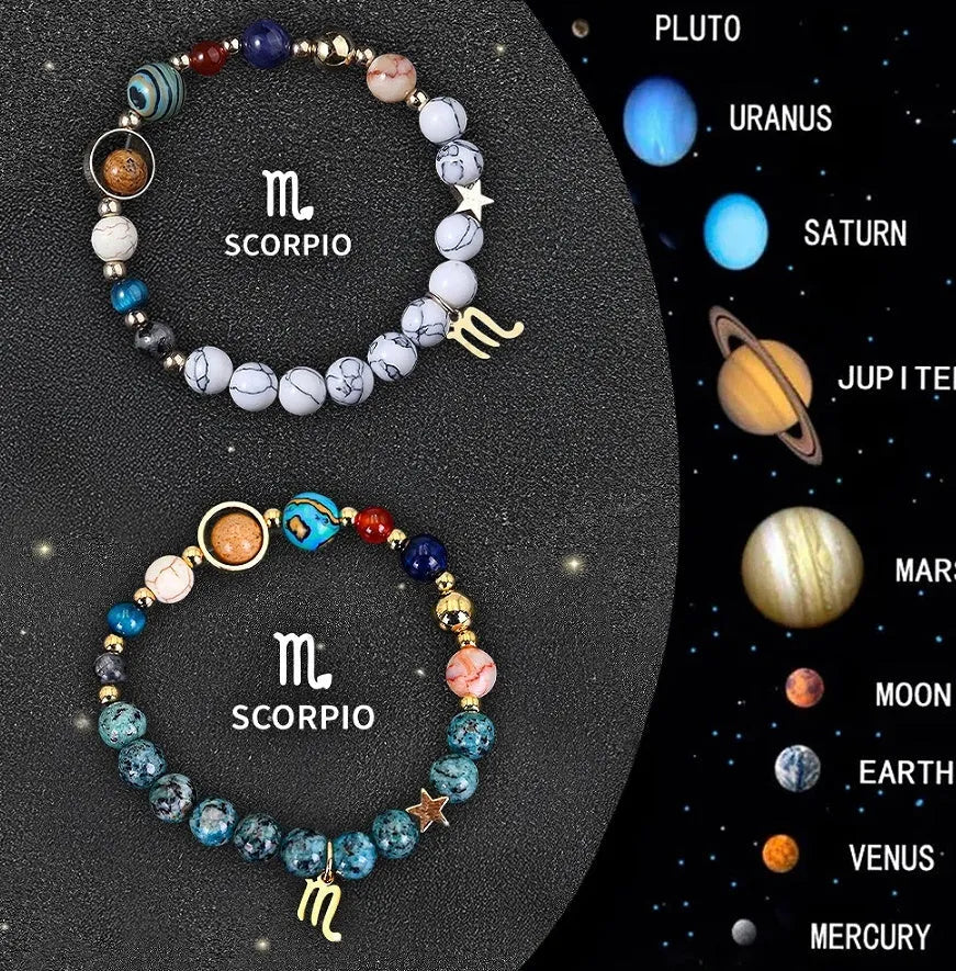 Set of two natural stone beaded bracelets with zodiac sign designs and a stainless steel clasp.