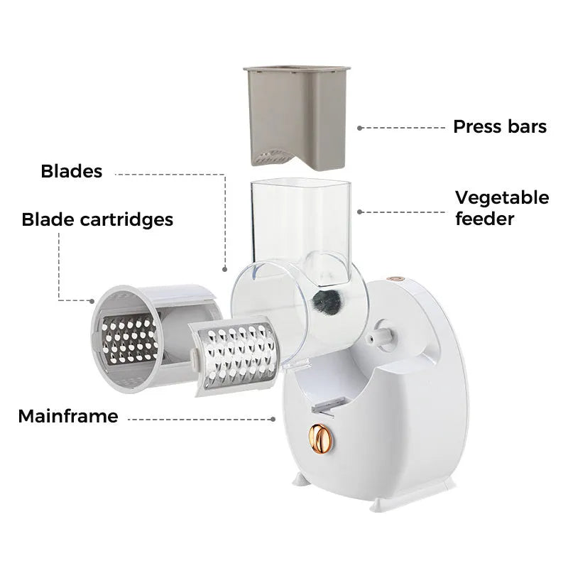 White and green electric vegetable slicer with suction base, feeding port, and multiple blades.