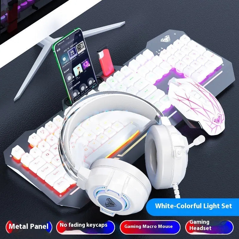 Black and white wired mechanical-feeling keyboard mouse headset bundles with RGB or blue backlighting