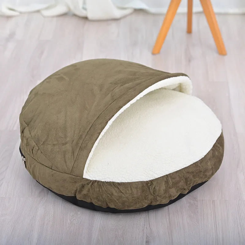 Removable washable cloth dog kennel in brown and grey colour options showing S and M size variations