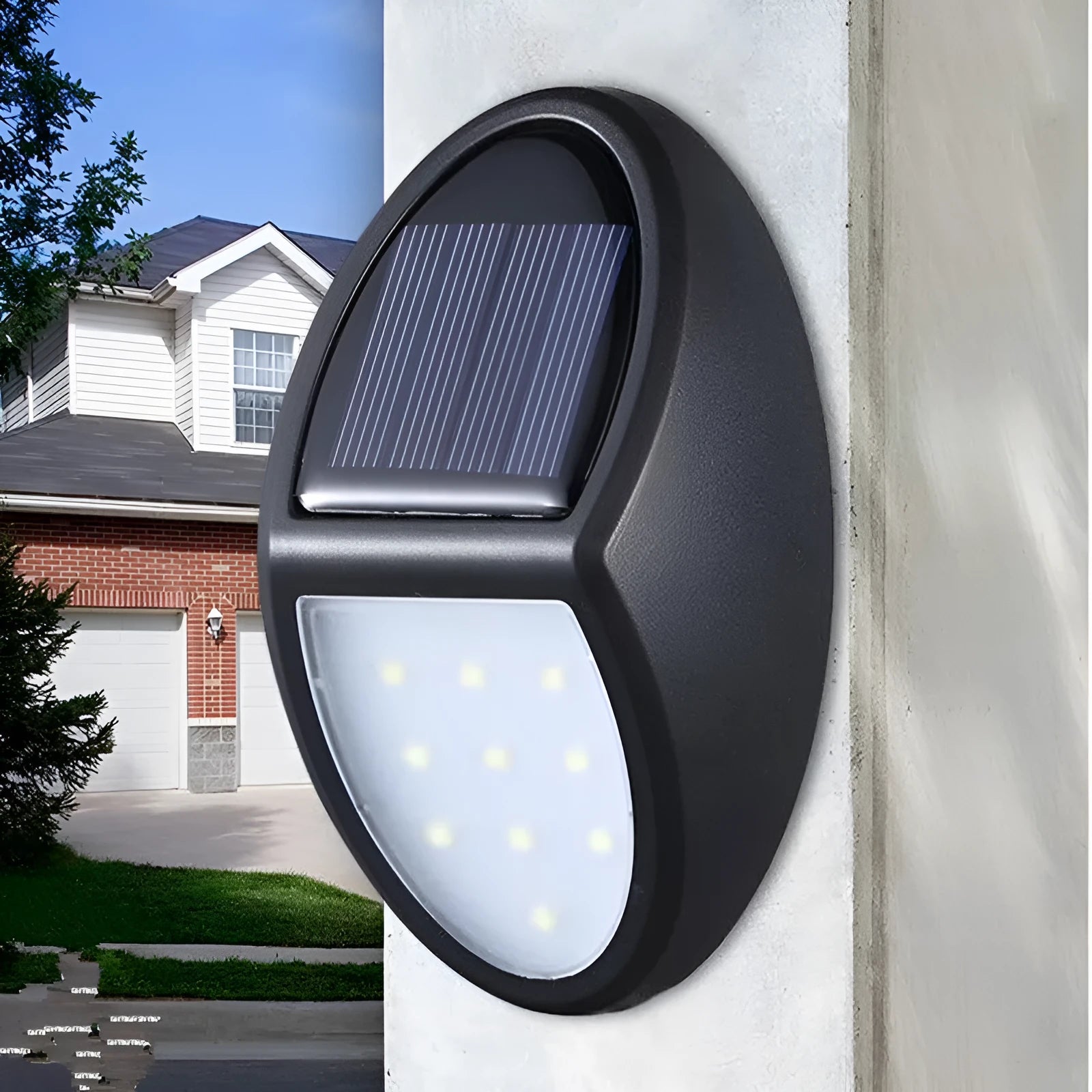 Black LED solar wall light with automatic light sensor measuring 75mm by 120mm