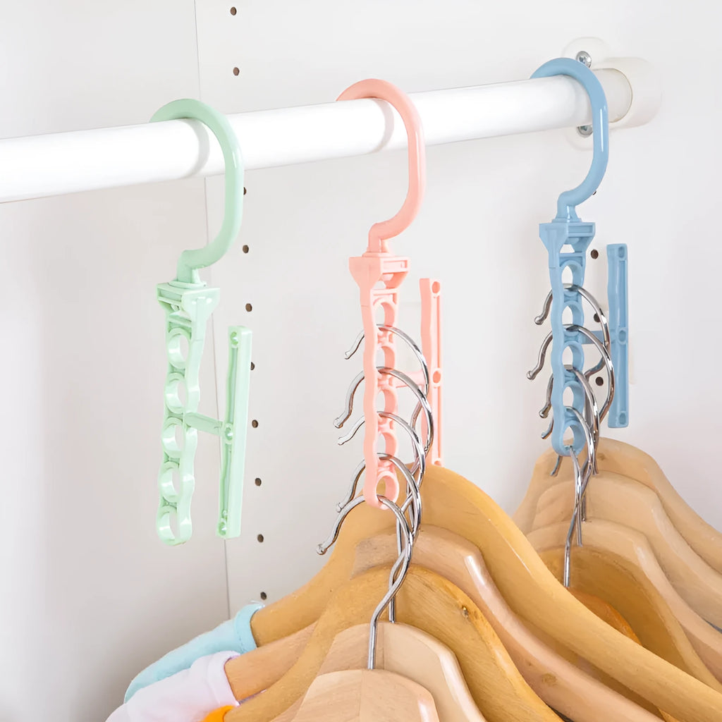 Blue revolving magic wardrobe hanger with five branches and a central handle