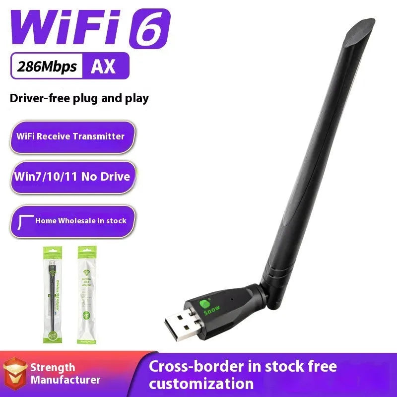 Black USB WiFi 6 wireless network card adapter for PC and laptop dual-band connectivity.