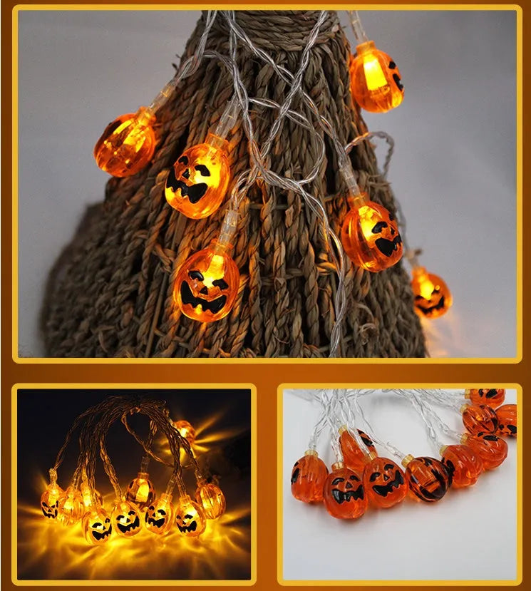 Halloween LED string lights with pumpkin, bat and ghost decorations showing colour changing illumination