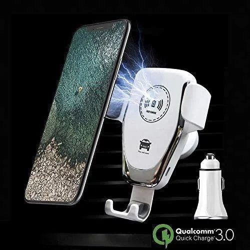 Black car wireless charger mounted on dashboard charging Apple iPhone with automatic clamp arms