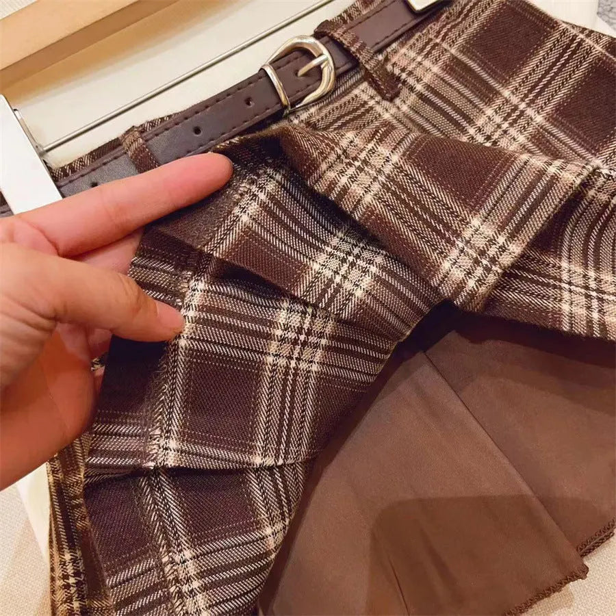 Girls' plaid pleated cotton skirt in A-line style with multiple size options