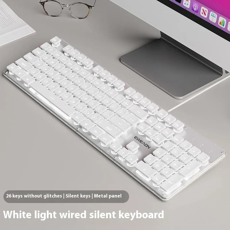 Mute mechanical keyboard with LED lighting and matching wired mouse in silver white blue colour combination